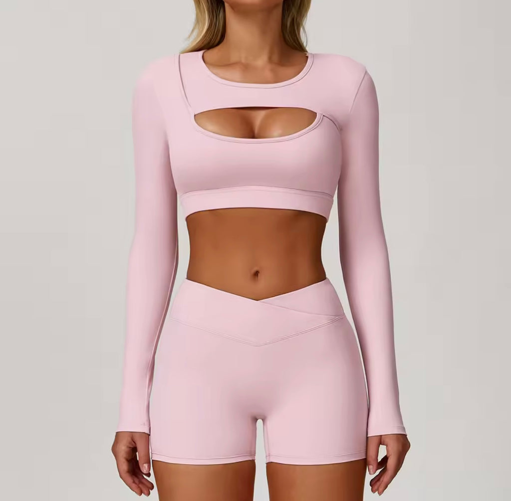 Women’s Autumn Yoga Long Sleeve Crop Top & Shorts Set