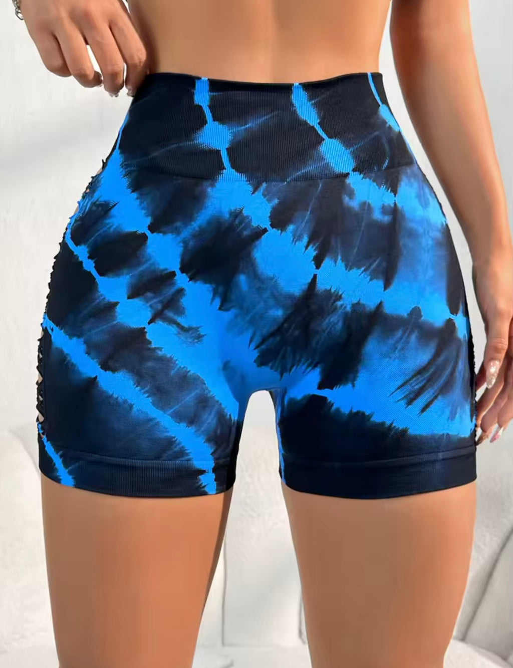 Blue Waisted Cut Workout Shorts