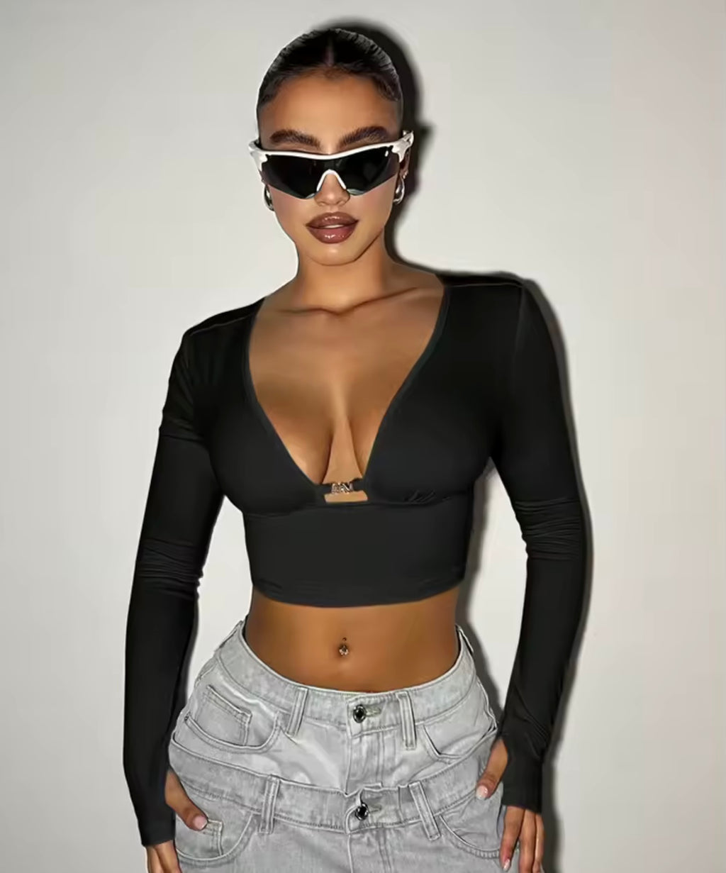 V-Neck Long Sleeve Crop Top