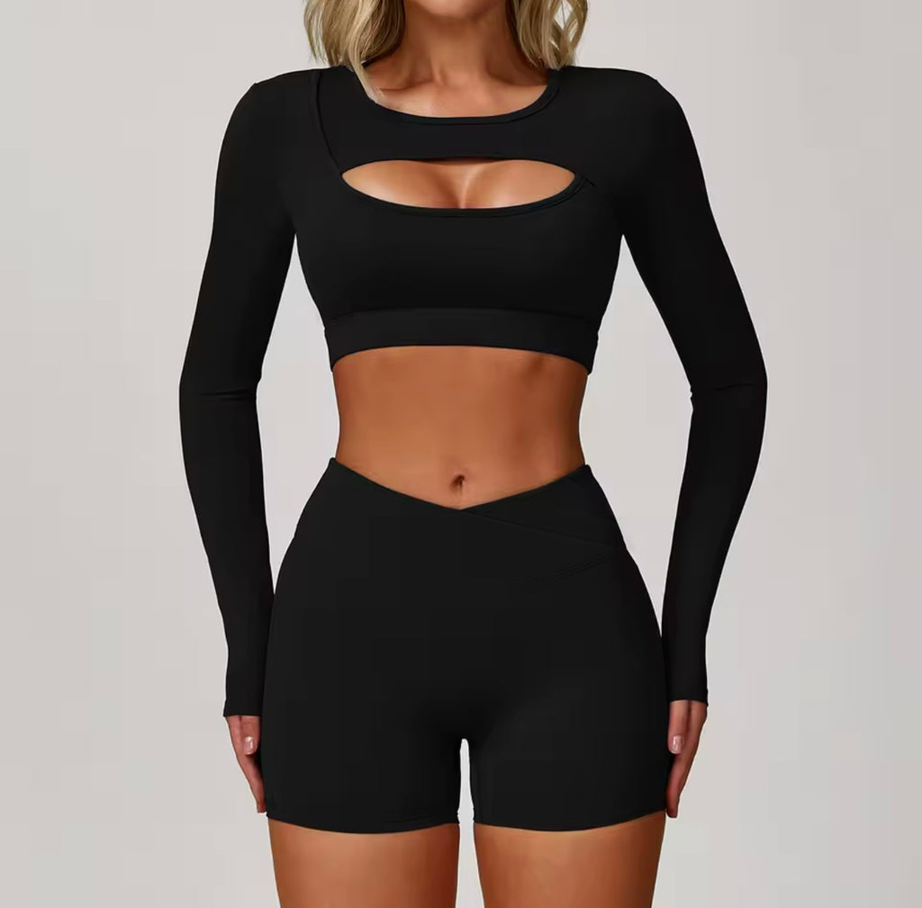 Women’s Autumn Yoga Long Sleeve Crop Top & Shorts Set
