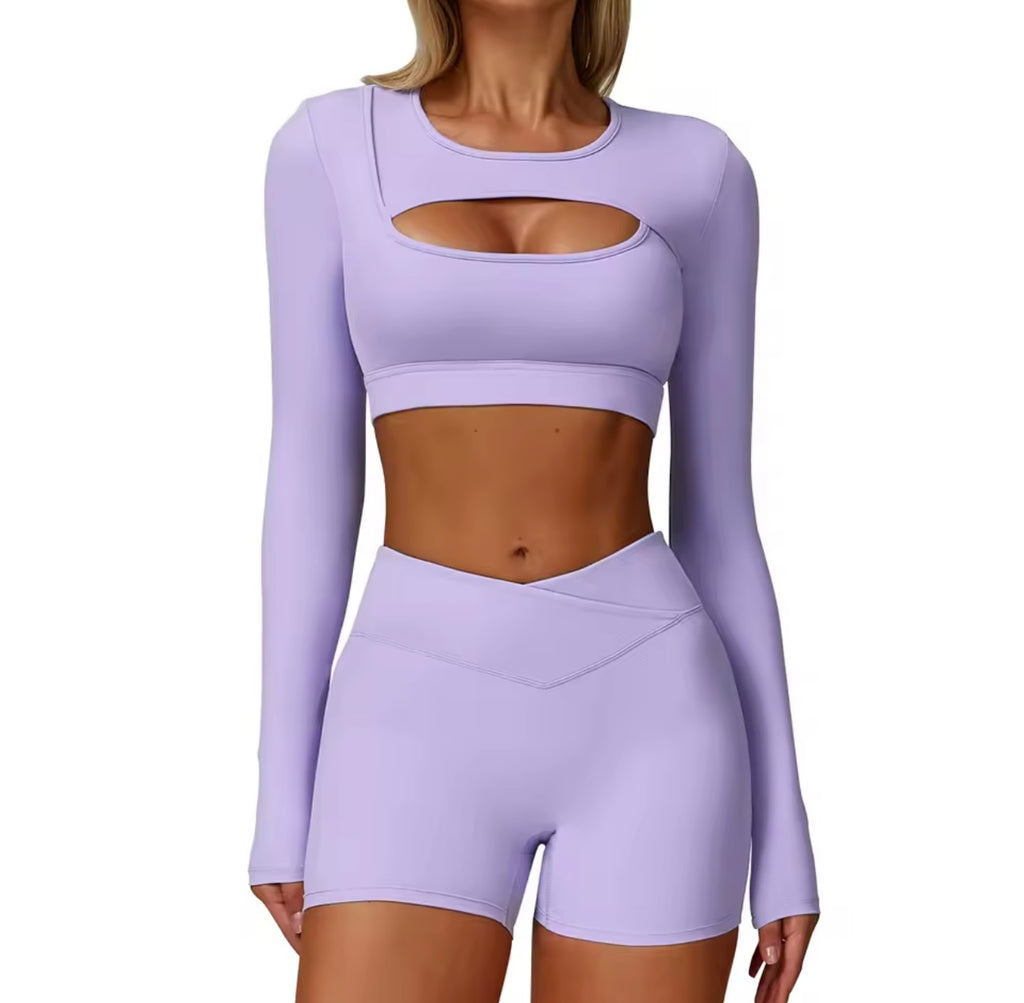 Women’s Autumn Yoga Long Sleeve Crop Top & Shorts Set