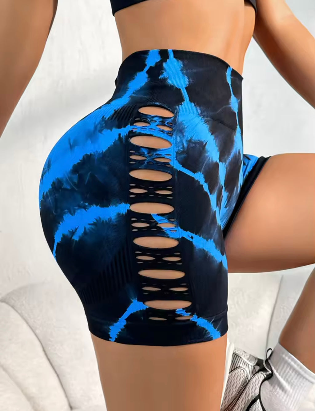 Blue Waisted Cut Workout Shorts